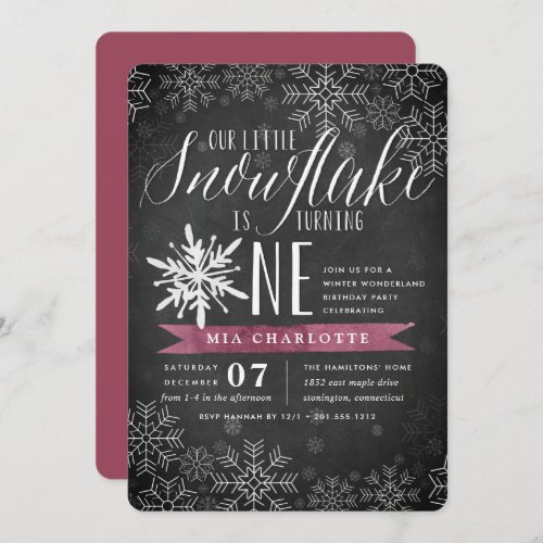 Little Snowflake Plum Chalkboard First Birthday Invitation