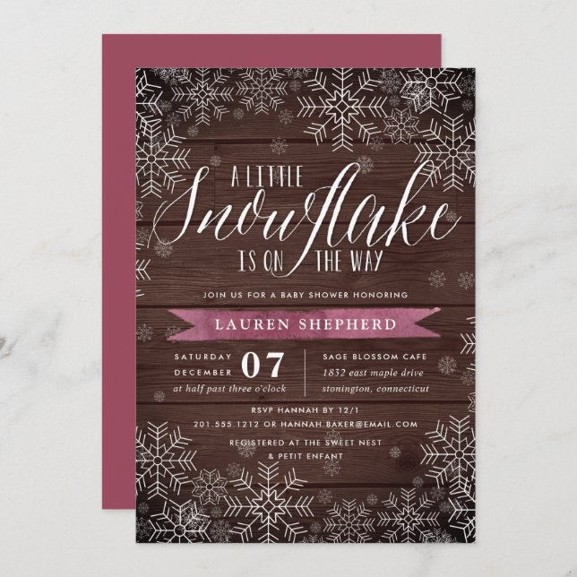 Little Snowflake Plum Rustic Wood Baby Shower Invitation (Front/Back)