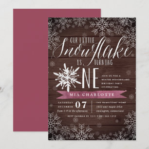 Little Snowflake Plum Rustic Wood First Birthday Invitation