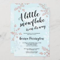 Little snowflake rose gold blue script baby shower invitation
