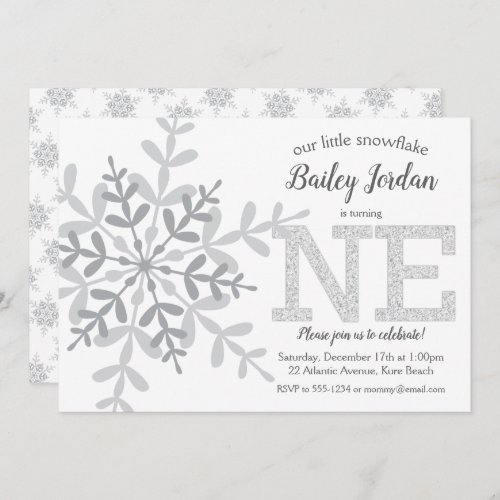 Little Snowflake Silver Glitter 1st Birthday Invitation