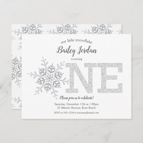 Little Snowflake Silver Glitter 1st Birthday Invitation