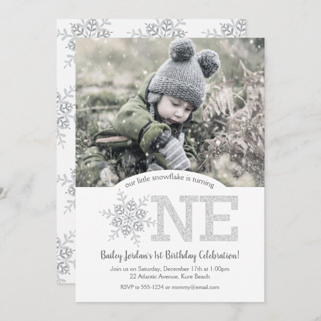 Little Snowflake Silver Glitter 1st Birthday Photo Invitation (Front/Back)