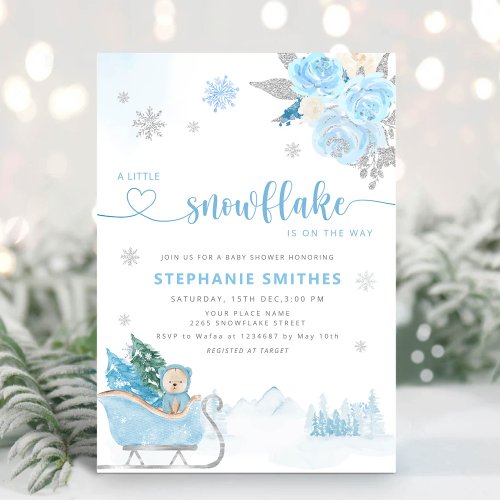 Little Snowflake Teddy Bear Winter Baby Shower Boy Invitation