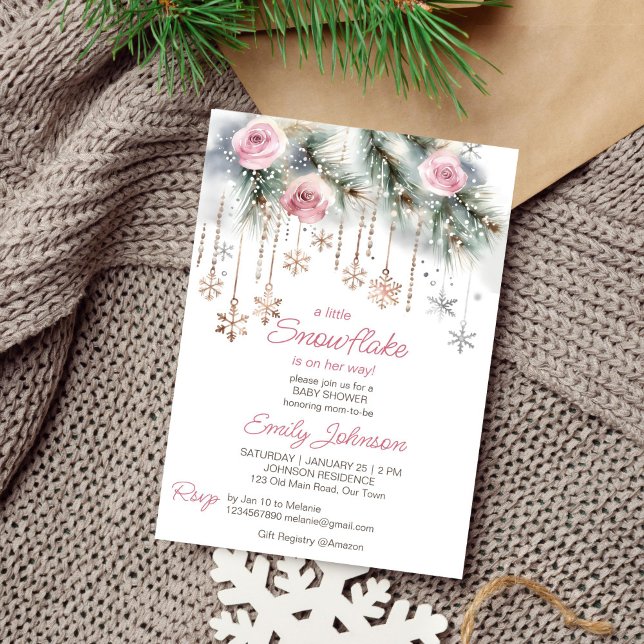 Little snowflake winter baby shower pastel invitation (Little snowflake winter baby shower template invitation digital download pastel blush roses pines)