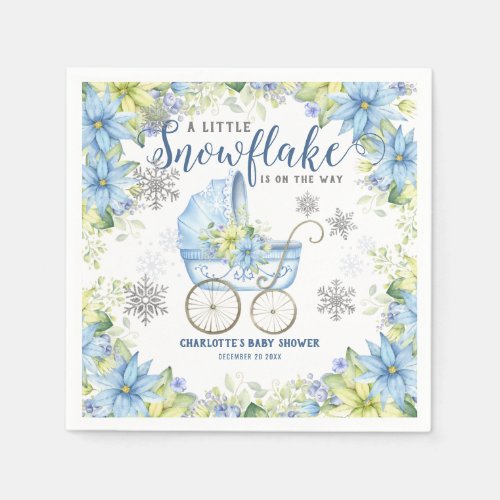 Little Snowflake Winter Floral Blue Baby Shower Napkins