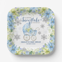 Little Snowflake Winter Floral Blue Baby Shower Paper Plates