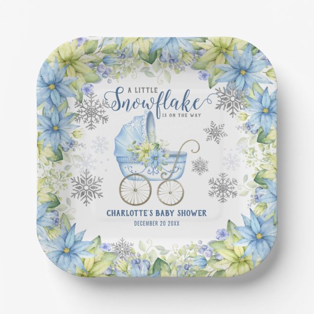 Little Snowflake Winter Floral Blue Baby Shower Paper Plates (Front)