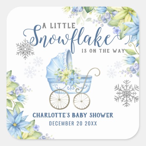 Little Snowflake Winter Floral Blue Baby Shower Square Sticker