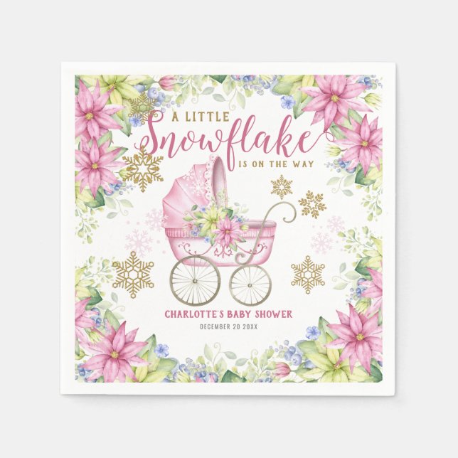 Little Snowflake Winter Floral Pink Baby Shower Napkins (Front)