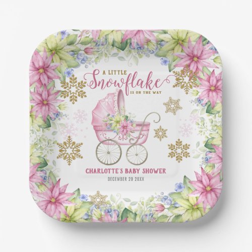 Little Snowflake Winter Floral Pink Baby Shower Paper Plates