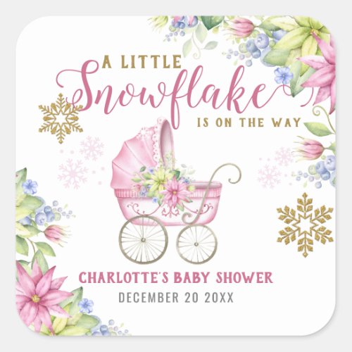 Little Snowflake Winter Floral Pink Baby Shower Square Sticker