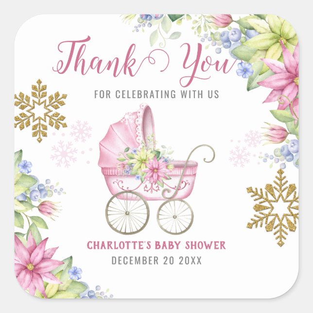 Little Snowflake Winter Floral Pink Baby Shower Square Sticker (Front)