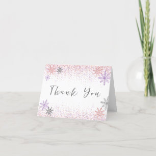 Little Snowflake Winter Pink Baby Shower Silver Thank You Card