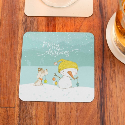 Little snowman and dog in christmas winter scene beverage coaster