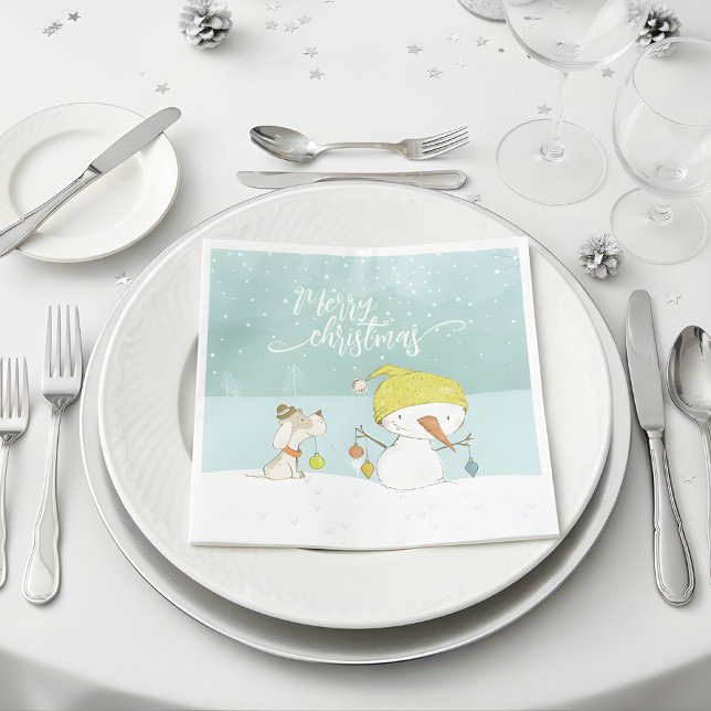 Little snowman and dog in christmas winter scene napkins (little snowman napkins)