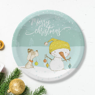 Little snowman and dog in christmas winter scene paper plates