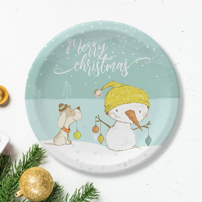 Little snowman and dog in christmas winter scene paper plates (Creator Uploaded)