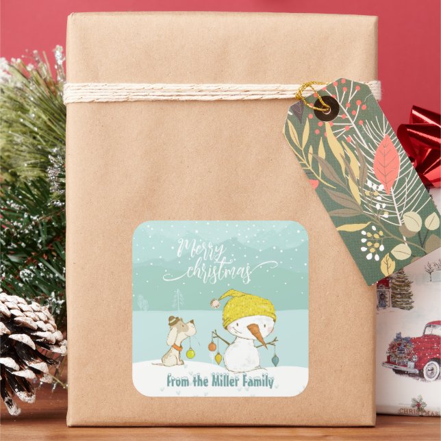 Little snowman and dog in christmas winter scene square sticker (Holiday)