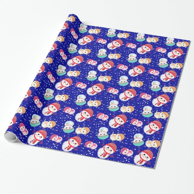 Little Snowman Navy Blue Wrapping Paper (Unrolled)