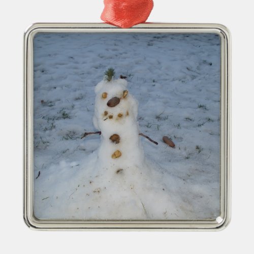 Little Snowman Pine Cone Nose Metal Ornament