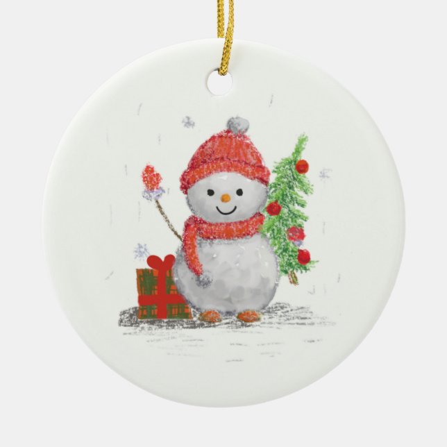 little snowman with the christmas tree ceramic ornament (Front)
