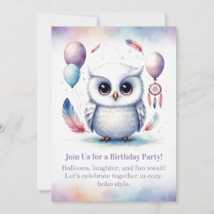 Little Snowy Owl Birthday Invitation Boho 