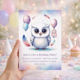 Little Snowy Owl Birthday Invitation Boho