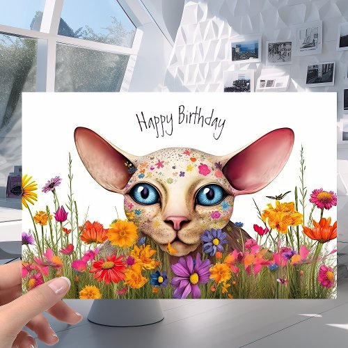 Little Sphynx Cat in the Flower Meadow _ Birthday Card