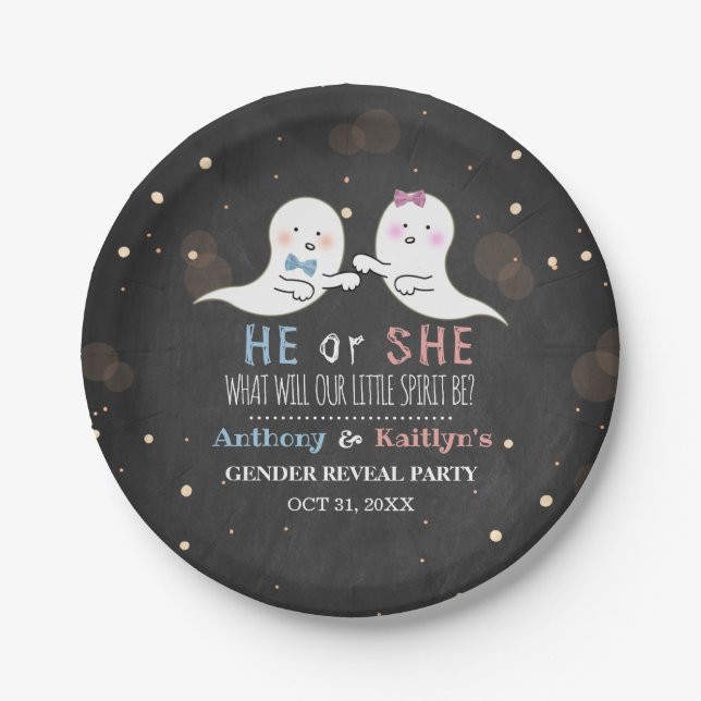 Little Spirit Halloween Ghosts Gender Reveal Party Paper Plates (Front)