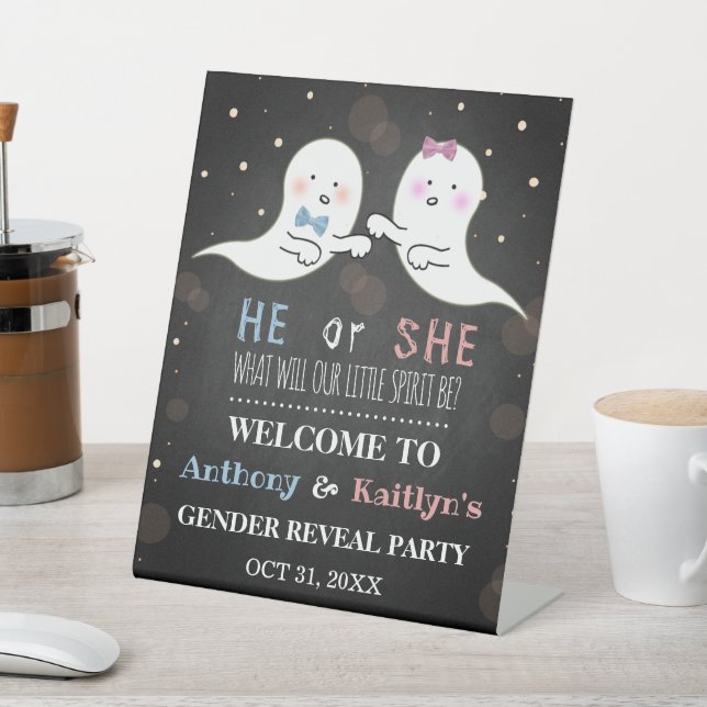 Little Spirit Halloween Ghosts Gender Reveal Party Pedestal Sign (In SItu)