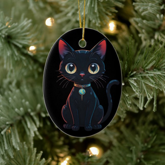Little Spooky Black Cat Ceramic Ornament (Tree)