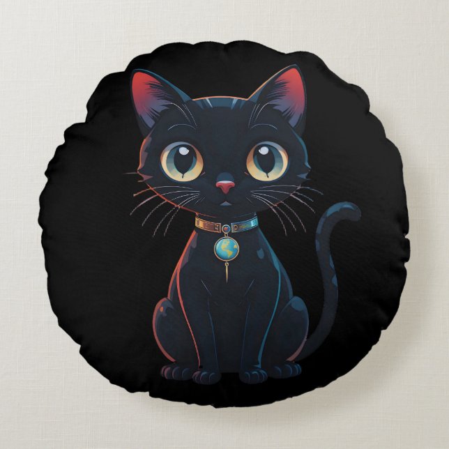Little Spooky Black Cat Round Pillow (Front)