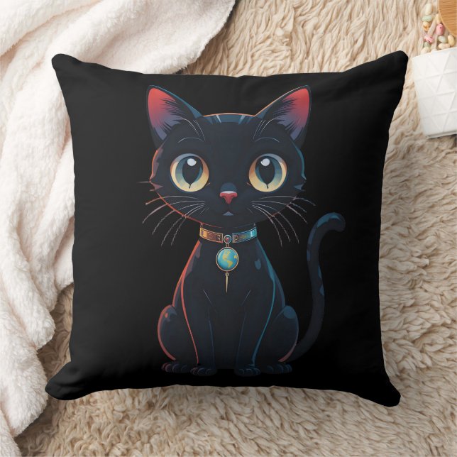 Little Spooky Black Cat Throw Pillow (Blanket)