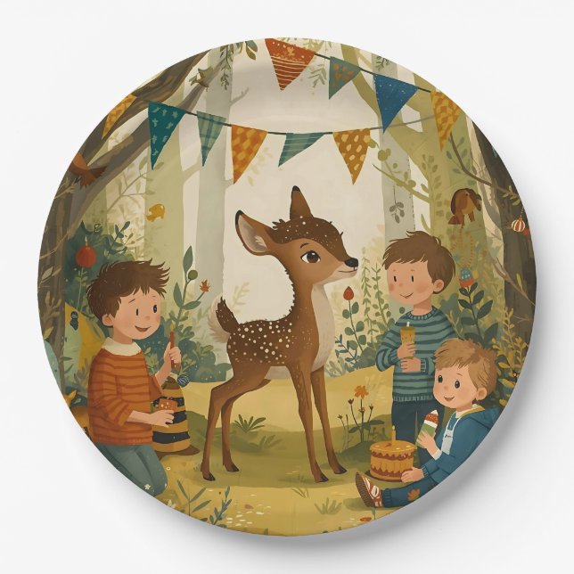 Little Spotted Deer Woodland Birthday Party Paper  Plates (Front)