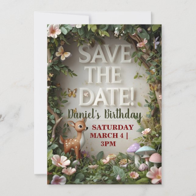 Little Spotted Deer Woodland Birthday Save the Dat (Front)