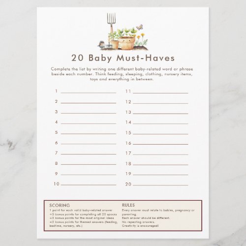Little Sprout 20 Baby Needs Game Card Baby Shower