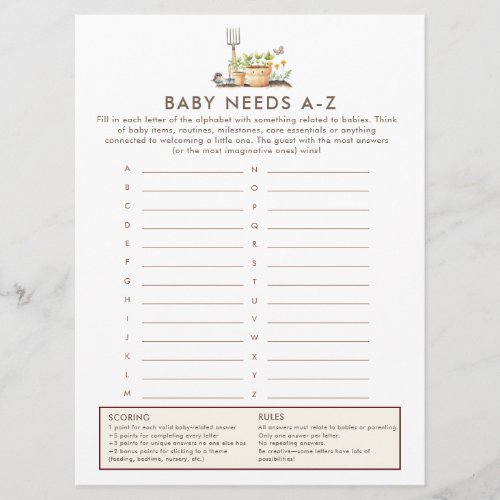 Little Sprout Baby Needs Game Card Baby Shower