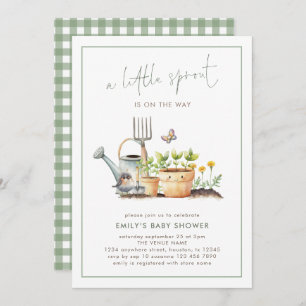 Little Sprout Border Sage Gingham Baby Shower Invitation
