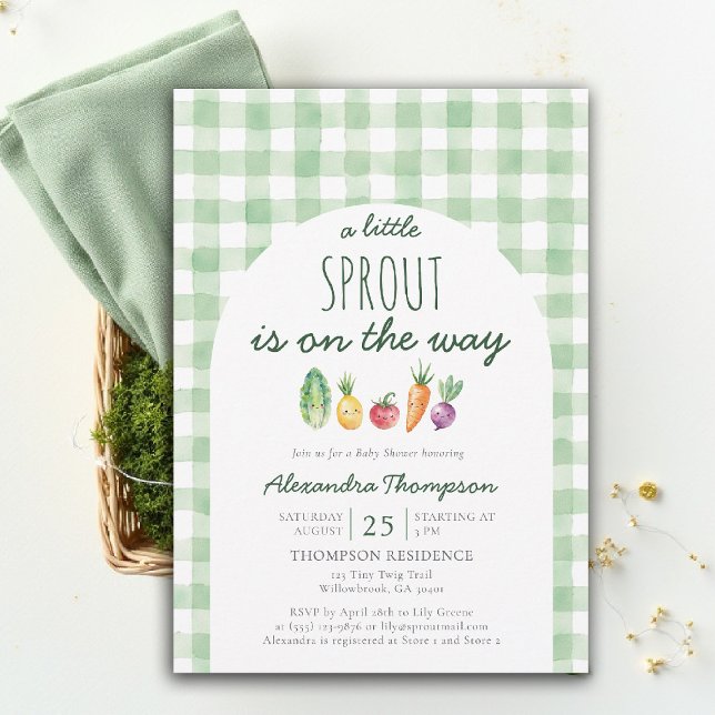 Little Sprout Cute Produce Watercolor Baby Shower Invitation (little sprout baby shower invitation locally grown produce watercolor cute characters green gingham)