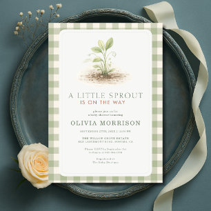 Little Sprout Gingham Sage Green Baby Shower Invitation