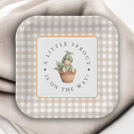 Little Sprout Neutral Beige Gingham Baby Shower Paper Plates