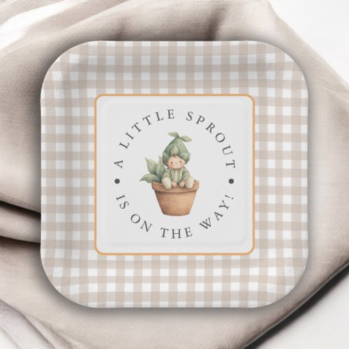 Little Sprout Neutral Beige Gingham Baby Shower Paper Plates
