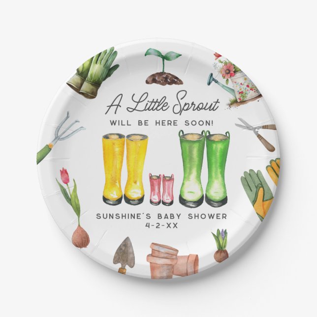 Little Sprout Pink Rain Boots Garden Baby Shower Paper Plates (Front)