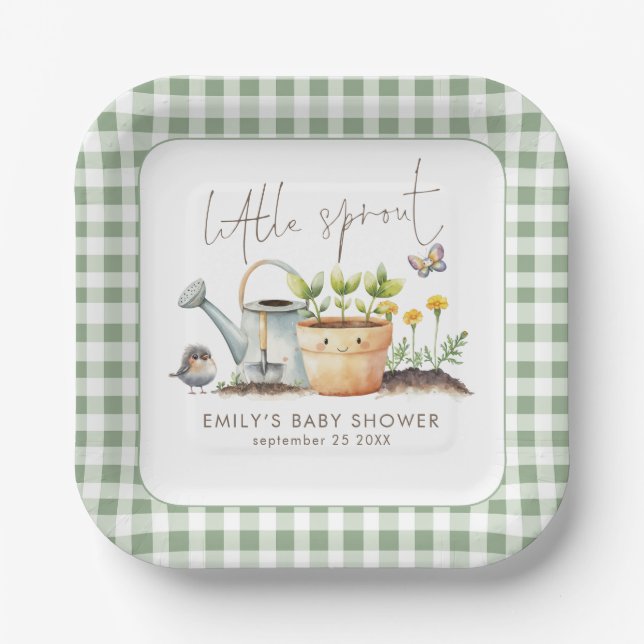 Little Sprout Sage Gingham Garden Baby Shower  Paper Plates (Front)