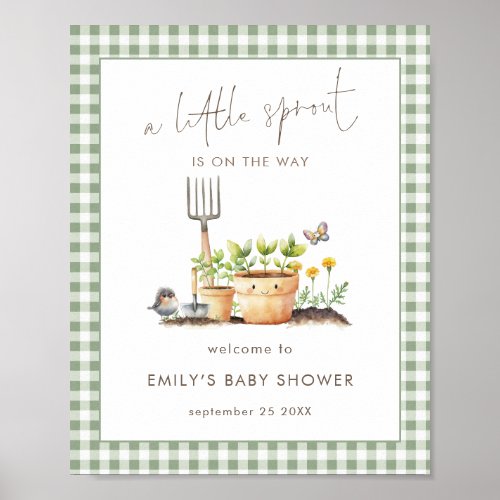 Little Sprout Sage Gingham Welcome Baby Shower  Poster