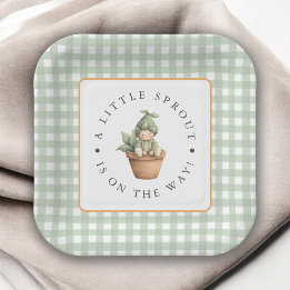 Little Sprout Sage Green Gingham Baby Shower Paper Plates