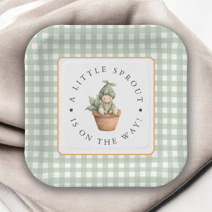 Little Sprout Sage Green Gingham Baby Shower Paper Plates