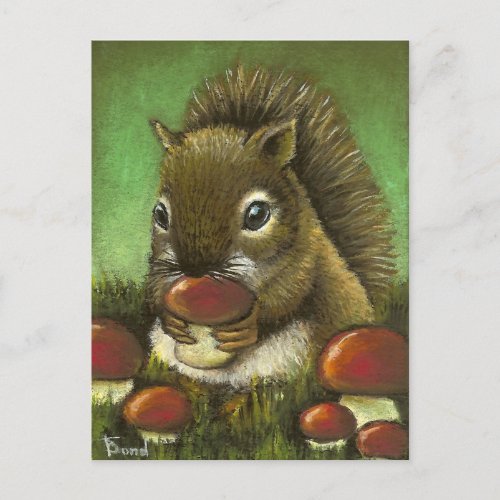 Little squirrel and mushrooms postcard