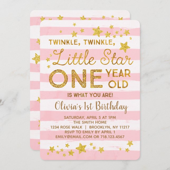 Little Star 1st Birthday Invitation Pink Gold (Front/Back)